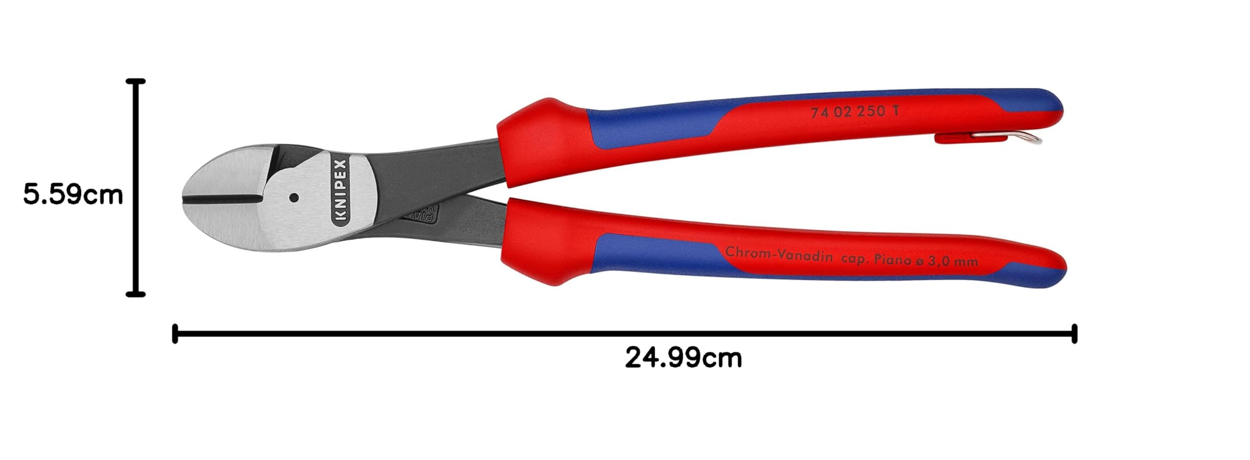 Knipex Pince coupante de côté à forte démultiplication noire atramentisée, avec gaines bi-matière, avec œillet intégré pour fixation d’un dispositif antichute 250 mm 74 02 250 T