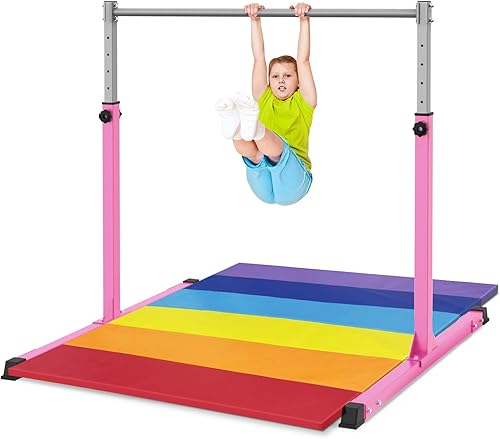 Safly Fun Gymnastics Bar for Kids Ages 3-15 for Home - Steady Steel Construction, Anti-Slip, Easy to Assemble, 3' to 5' Adjustable Height