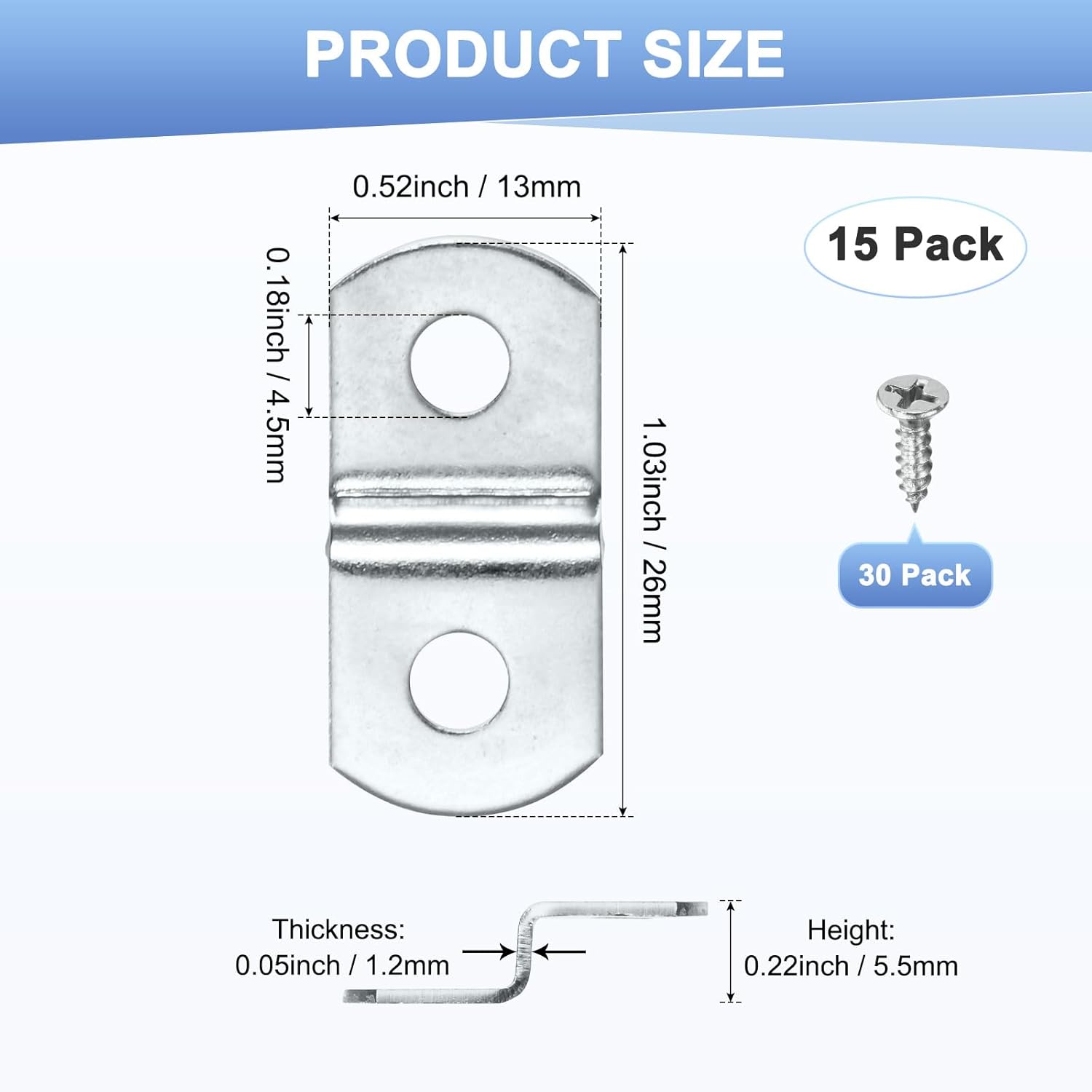15-Pack Offset Canvas Clips, 1.03" x 0.52" Clips Mirror Clamps with 2 Mounting Hole 30 Screws 0.22" Offset for Picture Framing Canvas Painting Mounting Tools [Silver]