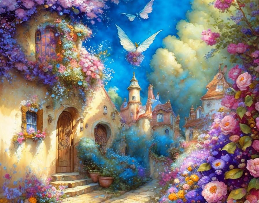 Poster village de montagne Meechi impression sur toile d'art ruelle de pierres 50x70