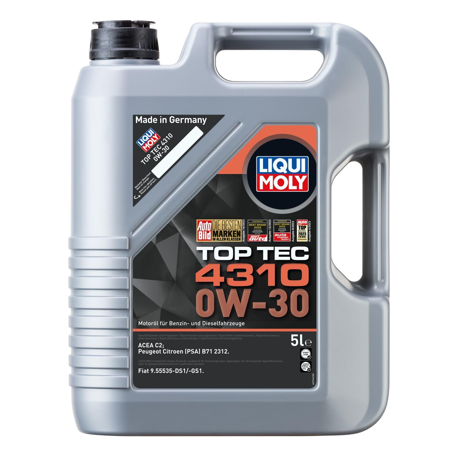 LIQUI MOLY Aceite de motor 0W-30 Top Tec ACEA C2 4310 5L Compatible con PEUGEOT 208 I Hatchback CA, CC 2008 I A94, CU 107 Hatchback PM, PN, KIA RIO III UB, CITROËN C1 PM, PN | 3736 / 2362, Top Tec 4310 0W-30