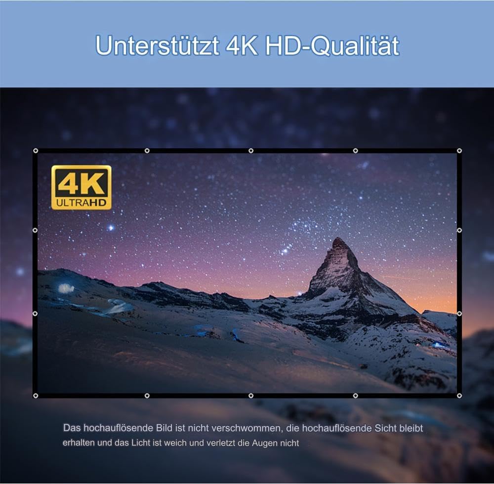 Leinwand Beamer 120 Zoll: Ruschen verdickt und tragbare Beamer Leinwand 265 x 149 cm, 16:9 HD faltbar & knitterarme Projektionsleinwand für Heimkino, Garten, Camping, Büro, inkl. Haken & Seile