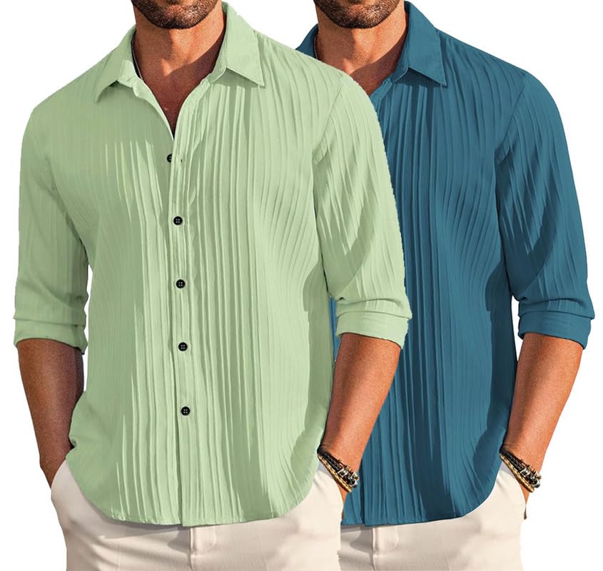Image of DEELMO Combo of Men's Casual Button Down Shirts Long Sleeve Linen Shirt Fashion Textured Summer Shirts Pack of 2
