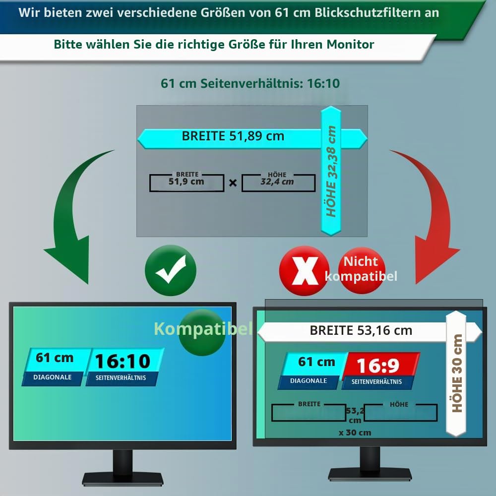 STARY 24 Zoll Monitor 16:10 Blickschutzfolie Seitenverhältnis, Anti-Blaulicht Displayschutz, 24 Inch Abnehmbare Privacy Screen Filter, Blendfreie Schutzfolie