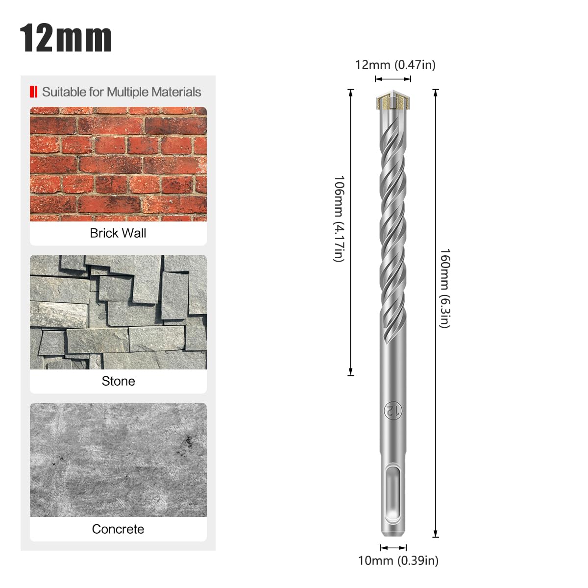 Frez z węglików spiekanych, Wiertło z węglika wolframu o długości 160 mm, średnica 6-16 mm, wiertło do betonu typu krzyżowego do betonu, cegły, kamienia(12mmX160mm)