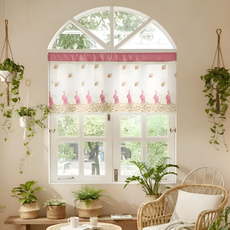Image of Short Window Curtain for Kitchen, Living Room, Cafe, Restaurant & Home Decor | Elegant Half Window Valance | Length - 24 Inch, Width - 42 Inch (Pink Peacock, Small)