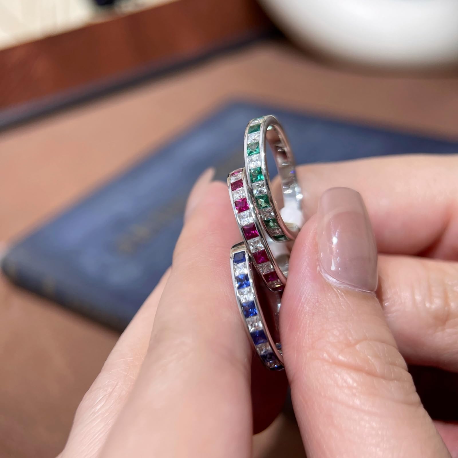 Anillo de boda de oro blanco, media eternidad, piedras preciosas, anillos de boda de oro real para mujer