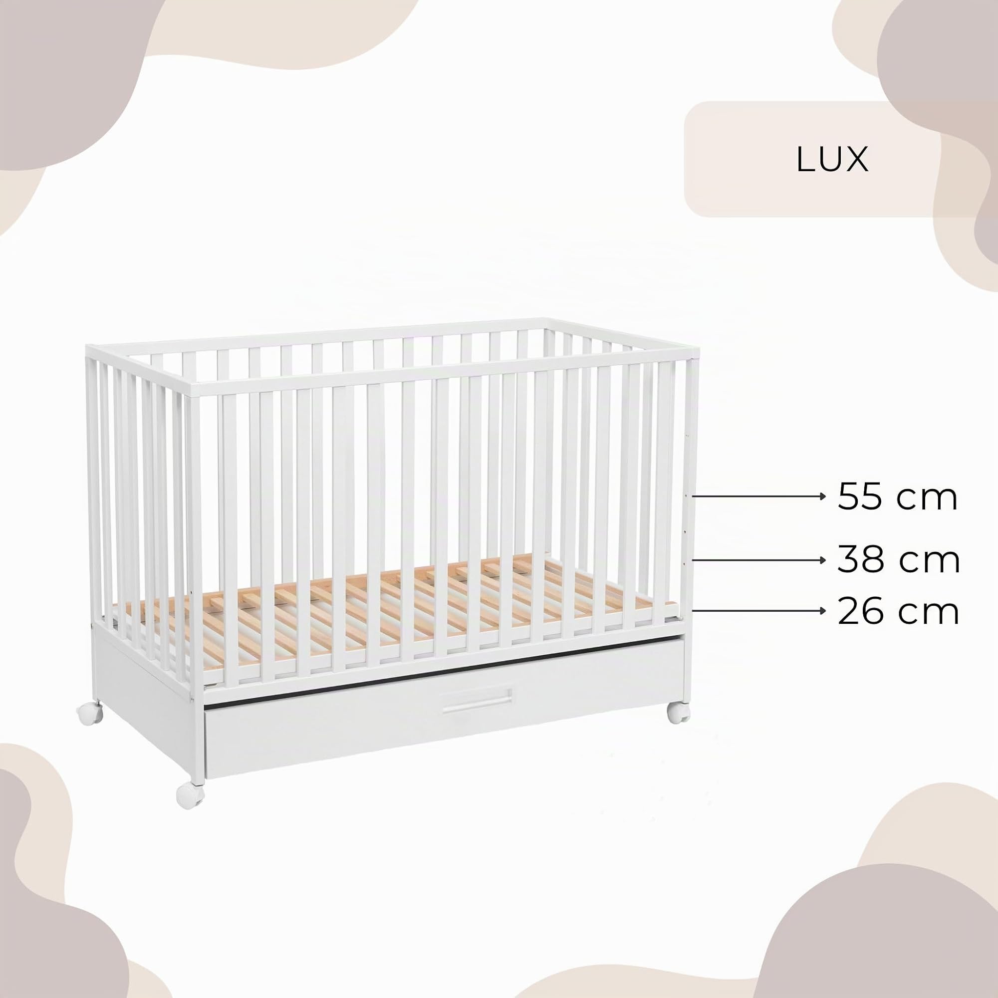ATB Weiss Babybett mit Schubladen LUX 60x120 und Matratze - Weiss Baby Bett Für Baby - Massivholz Bed 120x60 - Kinderbett ab 3 Jahr - Weiß Crib 60 x 120 - Beyaz Bebek Yatagi - Komplett Cots Für Sleep