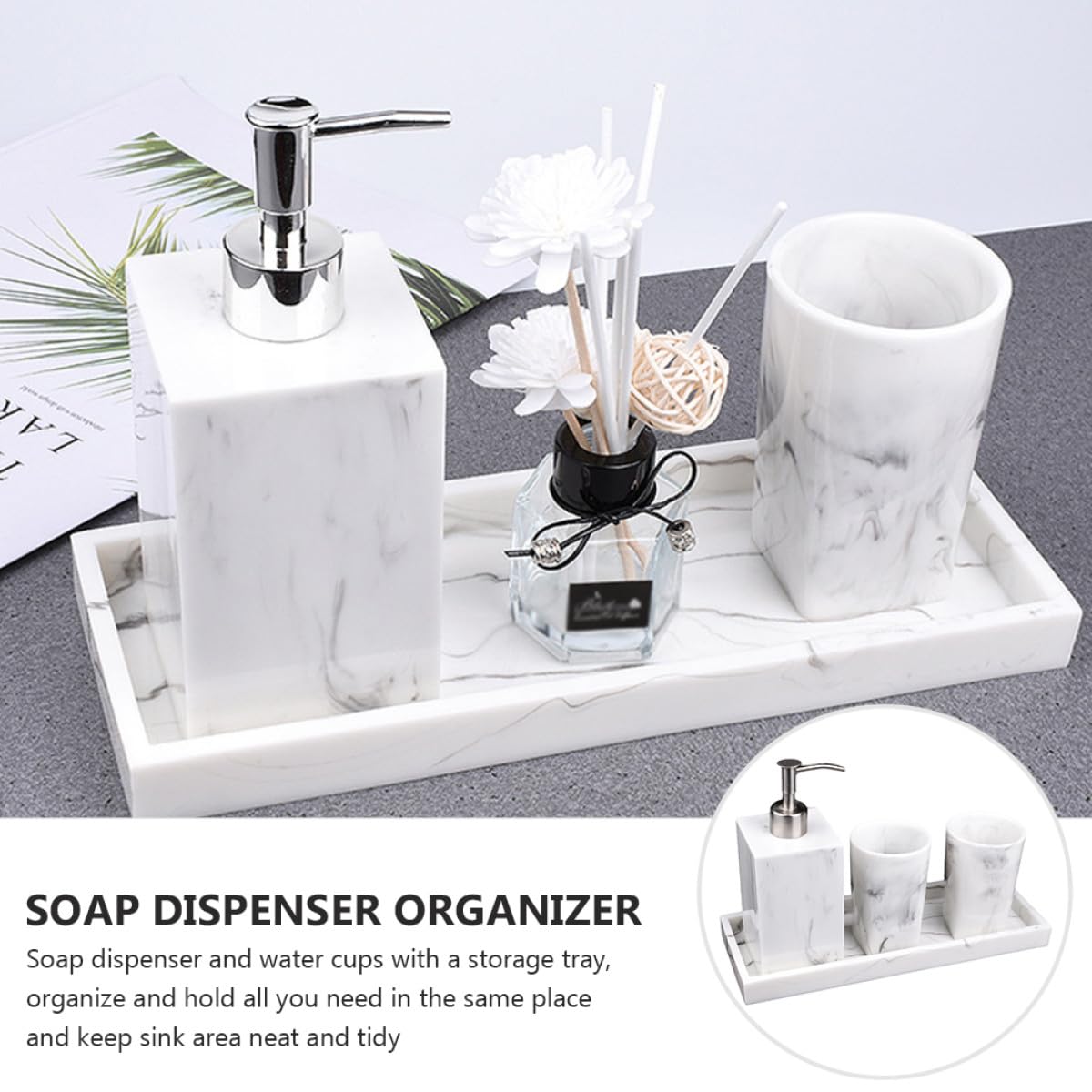 Gadpiparty Set Bicchieri Porta Spazzolini Accessori Bagno Effetto Marmo in Resina Nero con Dispenser e Vassoio Organizzatore Bagno