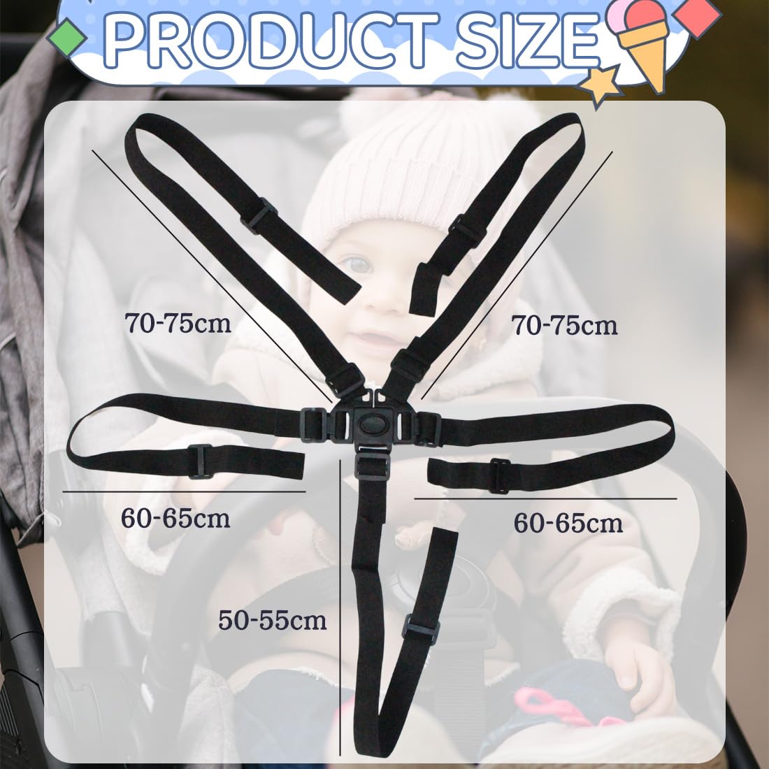 1 Pezzo Seggiolone Foppapedretti Ricambi, Cintura Sicurezza Regolabile 5 Punti Per Passeggino E Seggiolone, Larghezza 2.5Cm, Colore Nero