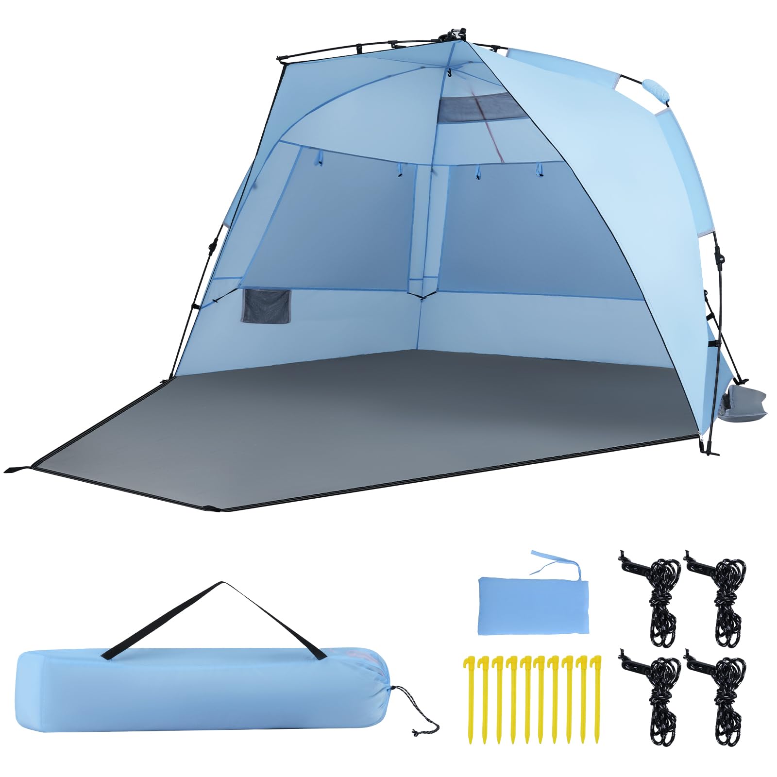 COSTWAY Namiot plażowy Pop Up dla 3-4 osób, namiot plażowy z torbą do przenoszenia, śledziami i 3 kieszeniami na piasek, ochrona przed promieniowaniem UV 50+, ochrona przed słońcem z drzwiami na zamek