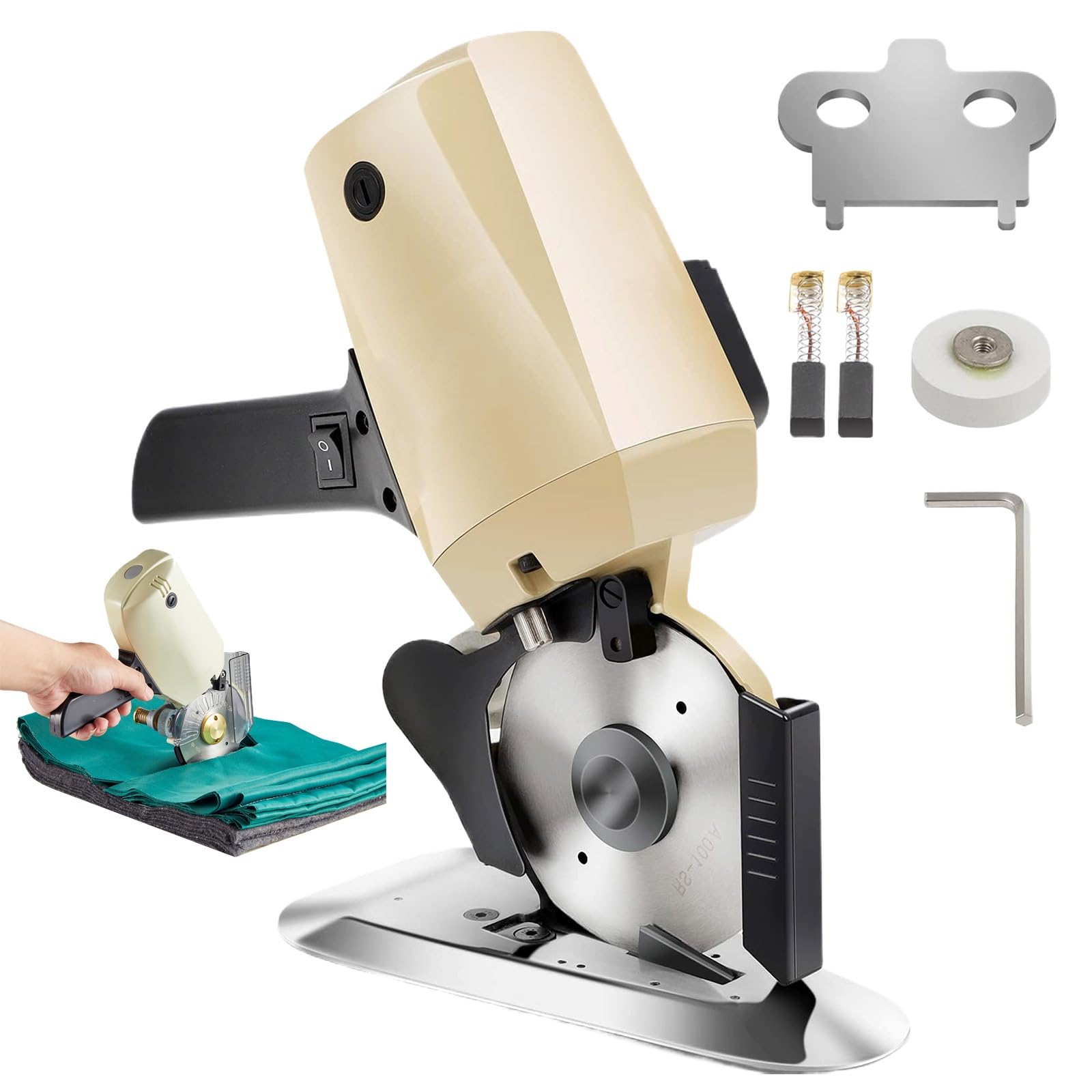 Taglierina elettrica rotativa per Tessuti, Macchina da Taglio per Tessuti da 250 W con Lama Rotante da 100 mm e affilatore Automatico per Tessuti Multistrato e tappeti