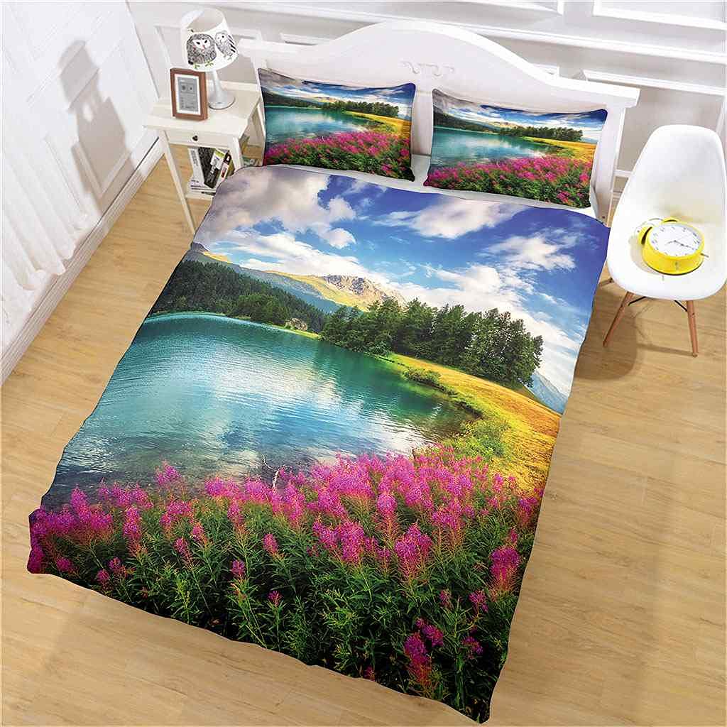 UJLMUE Duvet Cover King Size Lake red flower sea Soft Microfiber Bedding Set for Adults Teenager Kids 3 Pieces with Zipper Closure for Home Decoration Duvet Cover 230x220cm + 2 Pillowcases