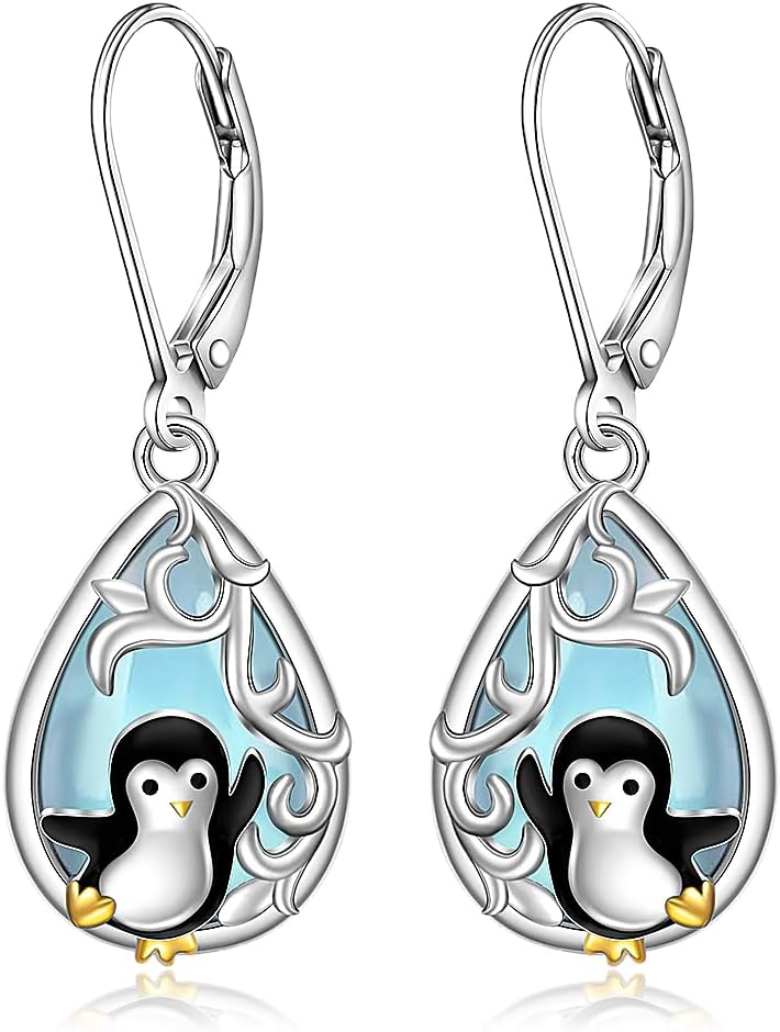 Penguin Earrings Christmas Earrings for Women Sterling Silver Moonstone Christmas Penguin Drop Dangle Cute Animal Jewelry Winter holiday Xmas Gifts