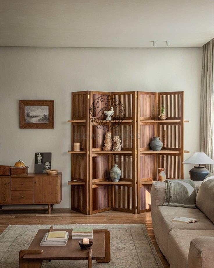 Image of Wooden Partition Divider for Living Room, Partition Wall, Privacy Divider, Freestanding Folding Panels for (6 Feet 5 Panel with 3 Shelve) (6 feet 5 Panel Natural Brown Shading)