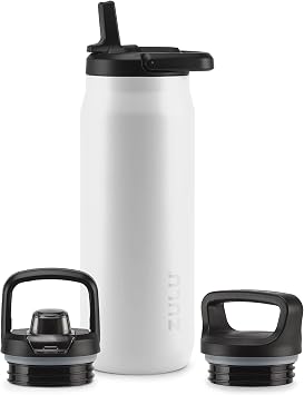 ZULU Base 32oz Insulated Stainless Steel Water Bottle, 3 Lids, White