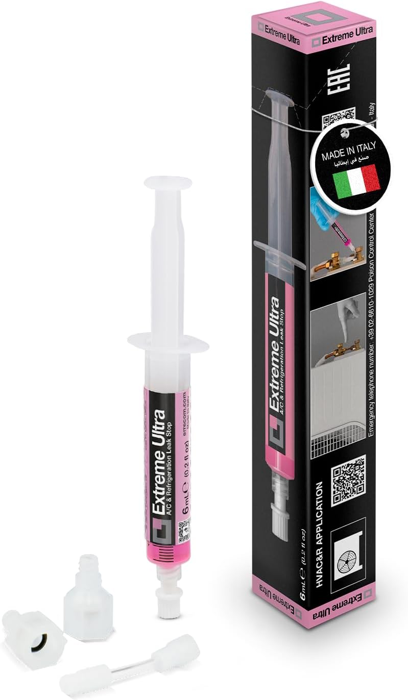 Errecom Extreme Ultra | A/C Leak Stop for HVAC/R Systems Up to 6 Tons (21 kW) | Works with All Refrigerants and Lubricants | Includes 1/4 SAE and 5/16 SAE Adapters | 6 mL (0.2 fl oz) Cartridge