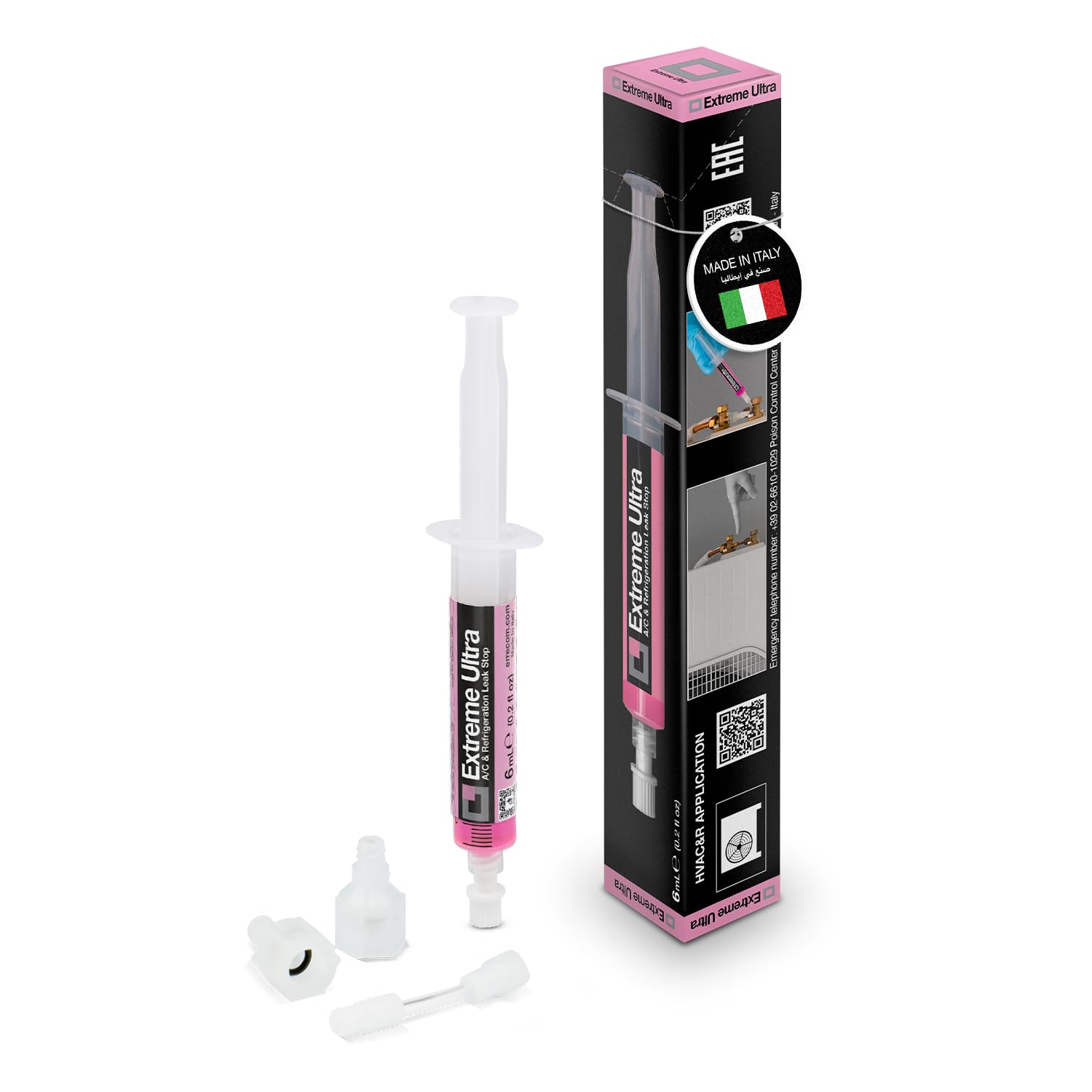 Errecom Extreme Ultra | A/C Leak Stop for HVAC/R Systems Up to 6 Tons (21 kW) | Works with All Refrigerants and Lubricants | Includes 1/4 SAE and 5/16 SAE Adapters | 6 mL (0.2 fl oz) Cartridge