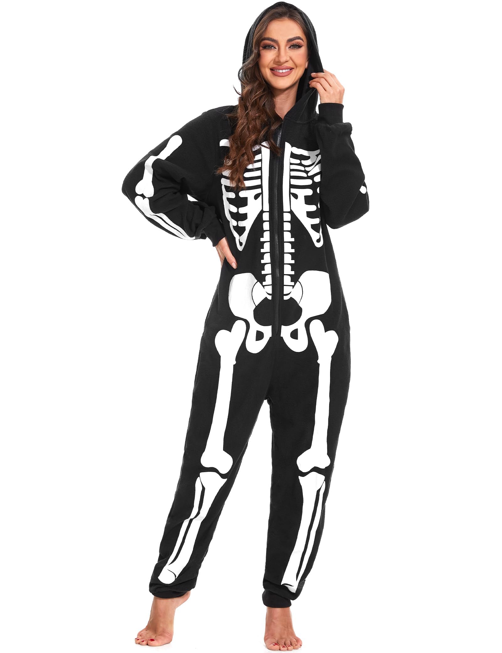 Women Halloween Skeleton Costume Onesie Jumpsuit Adult Plus Size Cozy Pajamas Hoodie Outfit Suit Scary Cosplay