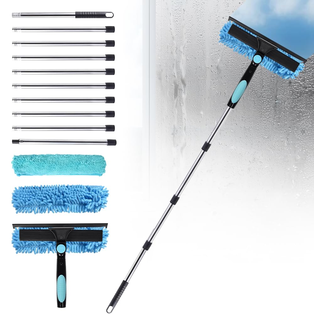 Pulitore telescopico per finestre, 3,7 m, 4,5 m, 2 in 1, set con estrattore in silicone e panno in microfibra, lavavetri con 10 aste telescopiche per finestre alte, auto (blu, 4,5 m)