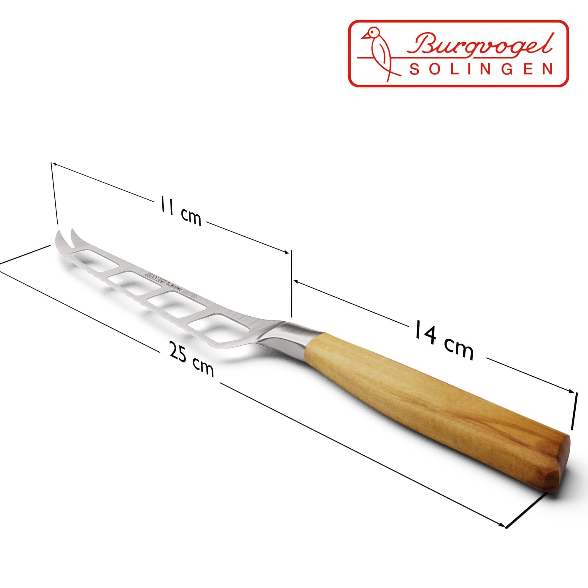 Burgvogel Solingen Käsemesser 14 cm geschmiedet Olivenholz, Oliva Line, Rillenwelleschliff, rostfrei, hell, scharf, 6280.926.14.1, braun beige