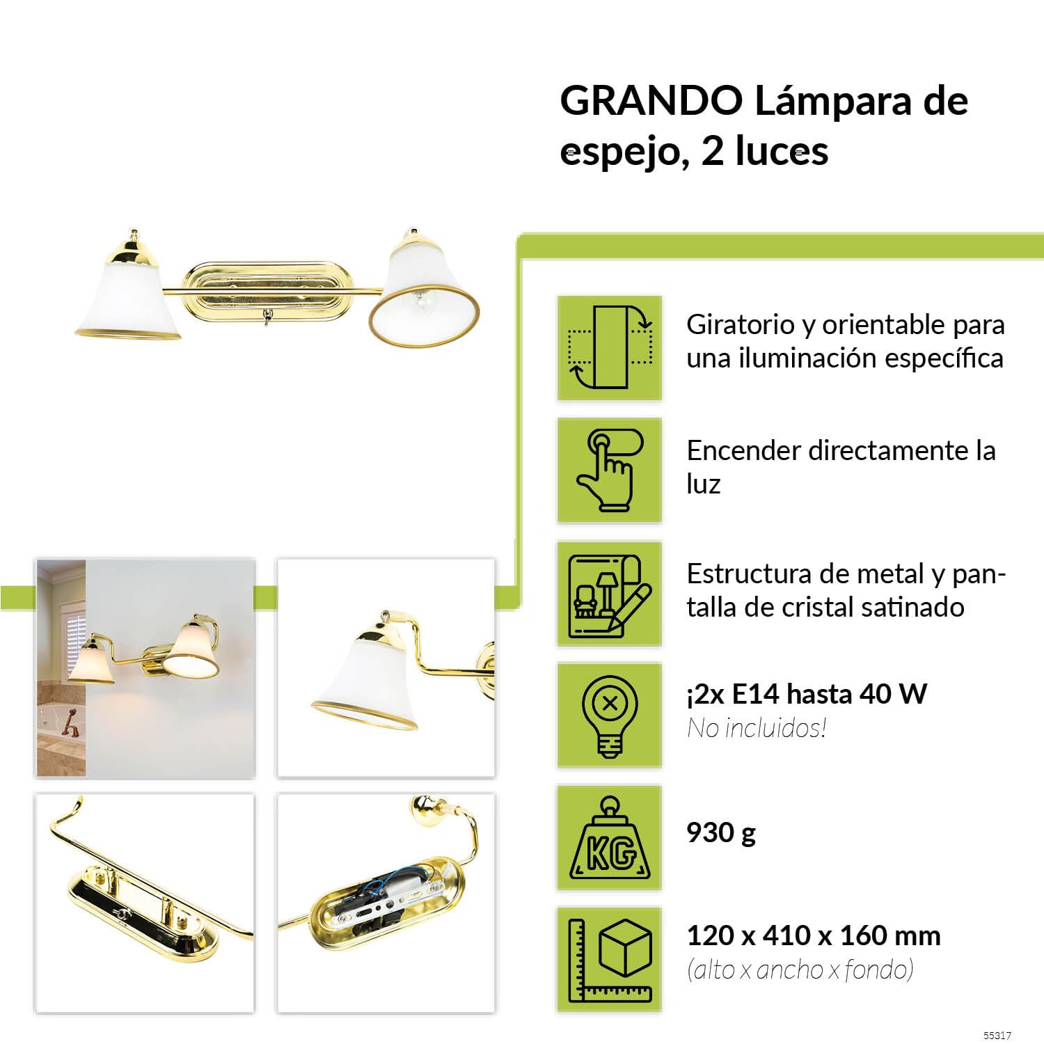 Licht-Erlebnisse GRANDO Lámpara de pared de metal y cristal en oro para baño L: 42 cm E14 máx. 40 W 2 focos, acogedora lámpara de pared estilo Art Nouveau