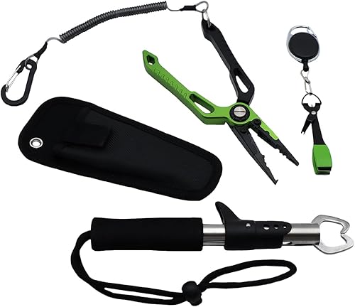 Grip Juego de 3 herramientas de pesca con mosca de lujo, alicates de pesca multiusos, cortaúñas de línea mono con mosquetón retráctil, pinzas de