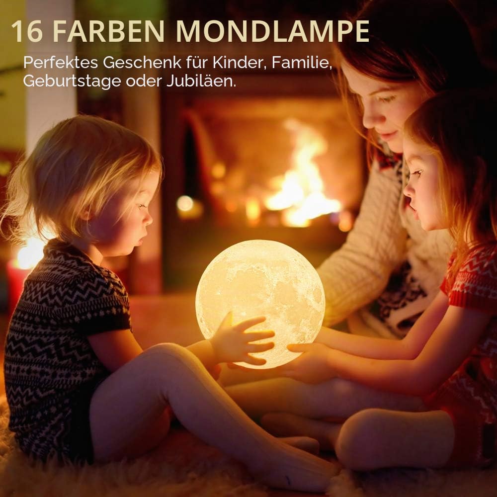 AGM LED Mondlampe 16 Farben Nachtlicht Stimmungslicht mit Fernbedienung und Touch-Steuerung Dimmbar Mondlamp Ø15 cm 3D Druck mit Holzhalterung für Schlafzimmer Café Bar Esszimmer