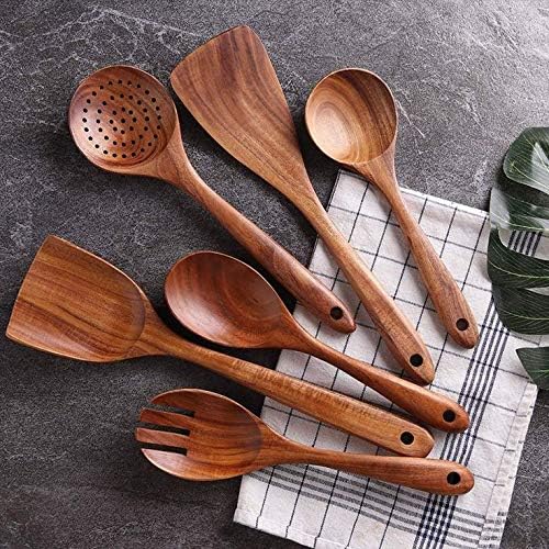 Image of Wooden Cooking Utensils,Wooden Spoons for Cooking,Wooden Spoons for Nonstick Cookware,Organic Teak Wood Kitchen Utensil with Spatula, Set of 6
