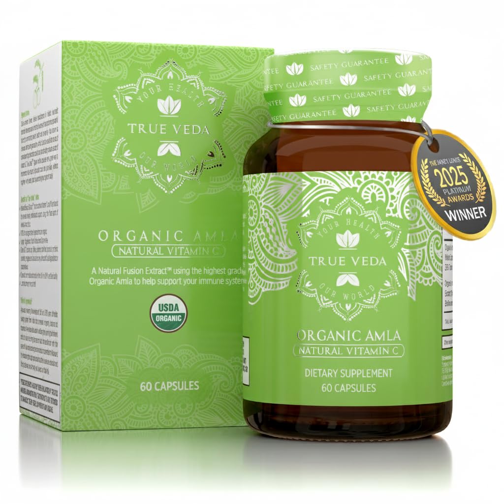 True Veda Organic Amla Vitamin C Capsules – USDA Organic Certified | Whole Food Plant Based Vitamin C | Amalaki Supplement | Avoid Synthetic Ascorbic Acid | Antioxidant Rich Alma | Ayurveda | 60 Pills