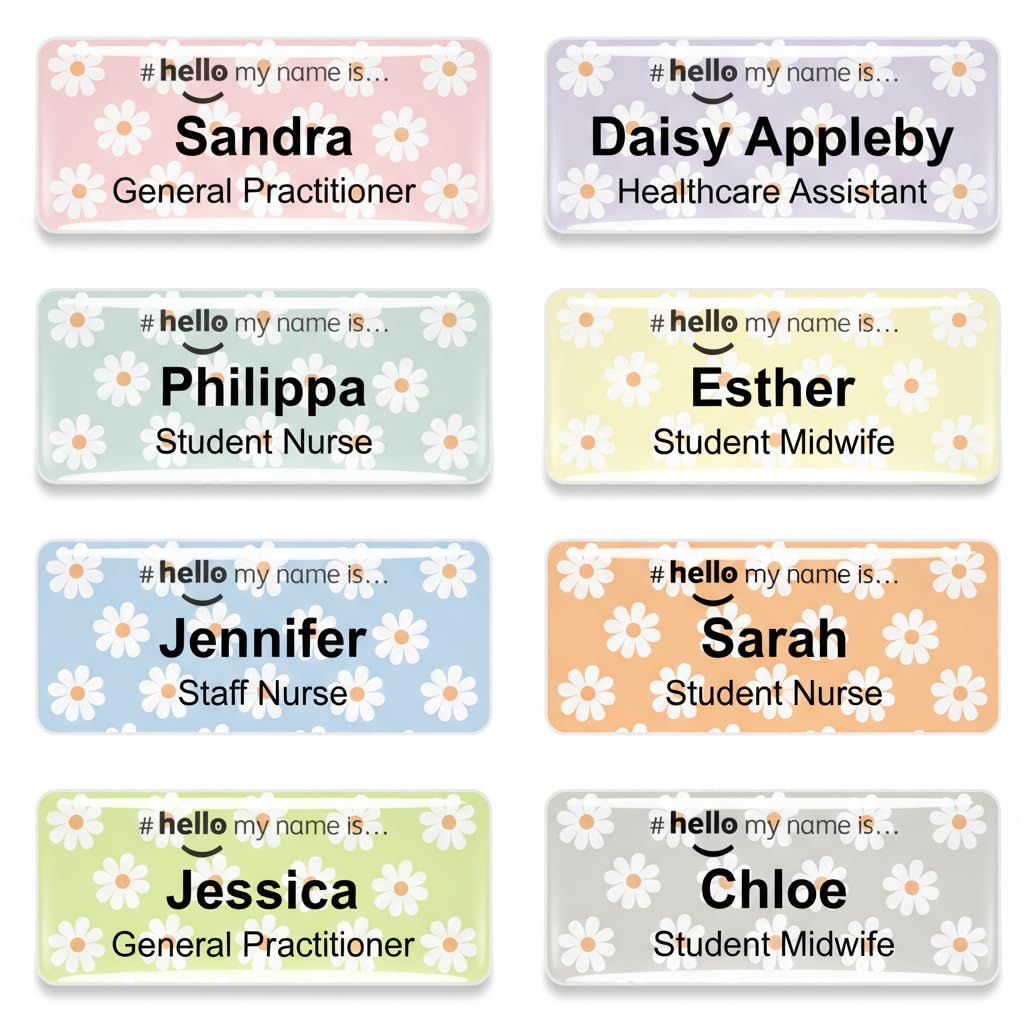 Badgemaster Hello My Name is Colourful Daisy Resin Dome Personalised Nurse Name Badge White/White 76x32mm