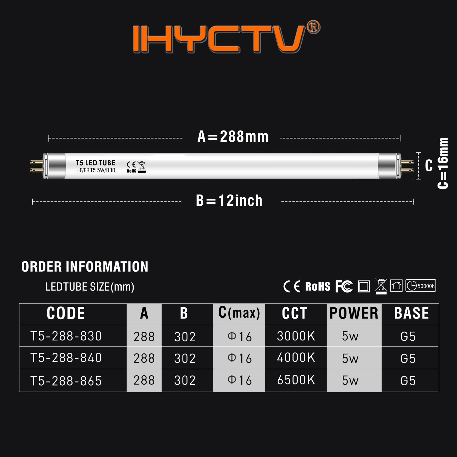 IHYCTV Ampoule LED T5 30,5 cm 5 W, courte 288 mm, 3000 K, 685 lm, Plug & Play, remplacement pour ampoule classique G5 T5, lumière blanche chaude, lot de 1