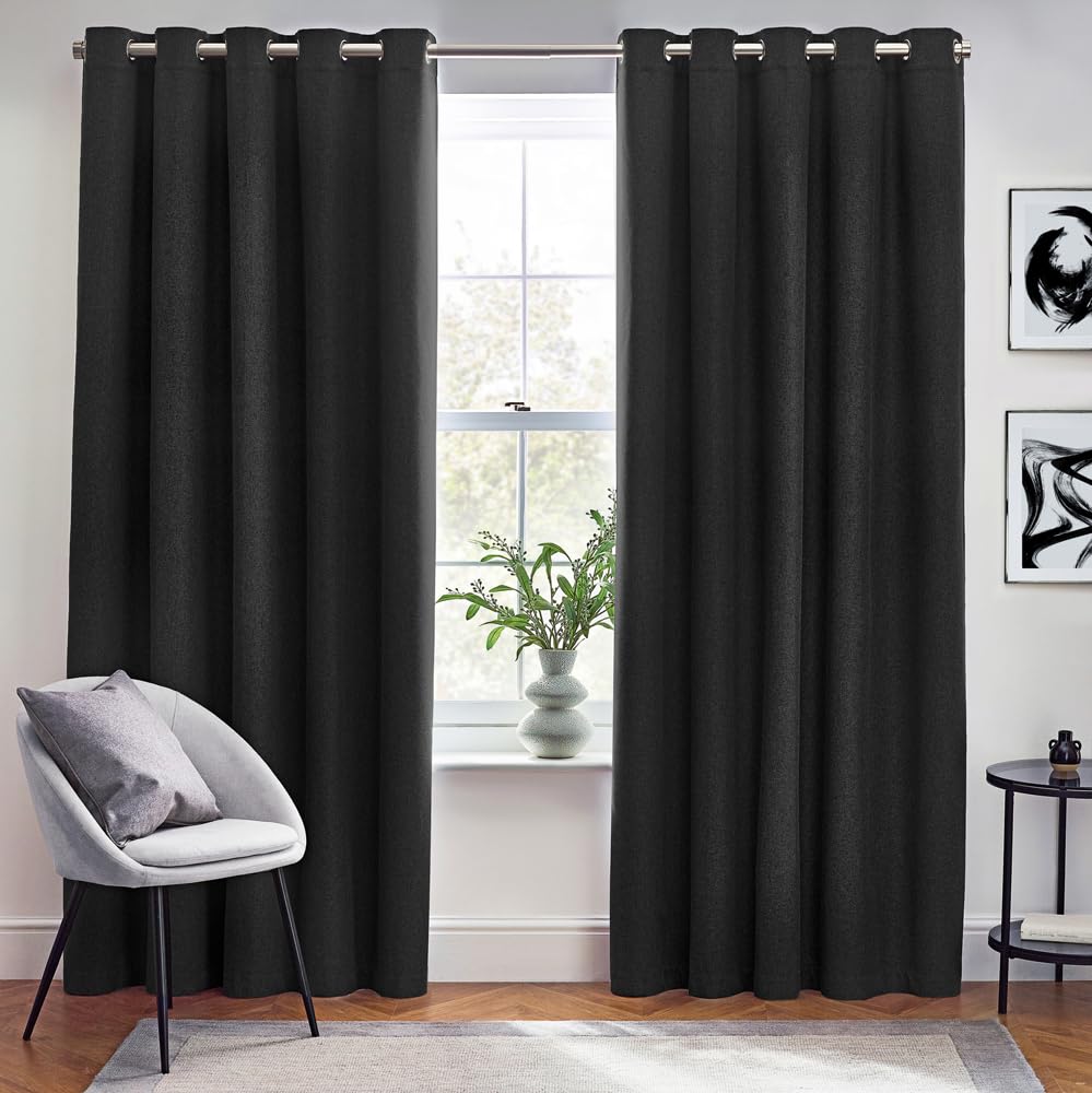 furn. Dawn Textured Blackout Eyelet Curtains - Thermal Lined Pair (Black - Width 117 x Drop 137cm), W 46.1" x L 53.9" (2 Panels) - Image 2
