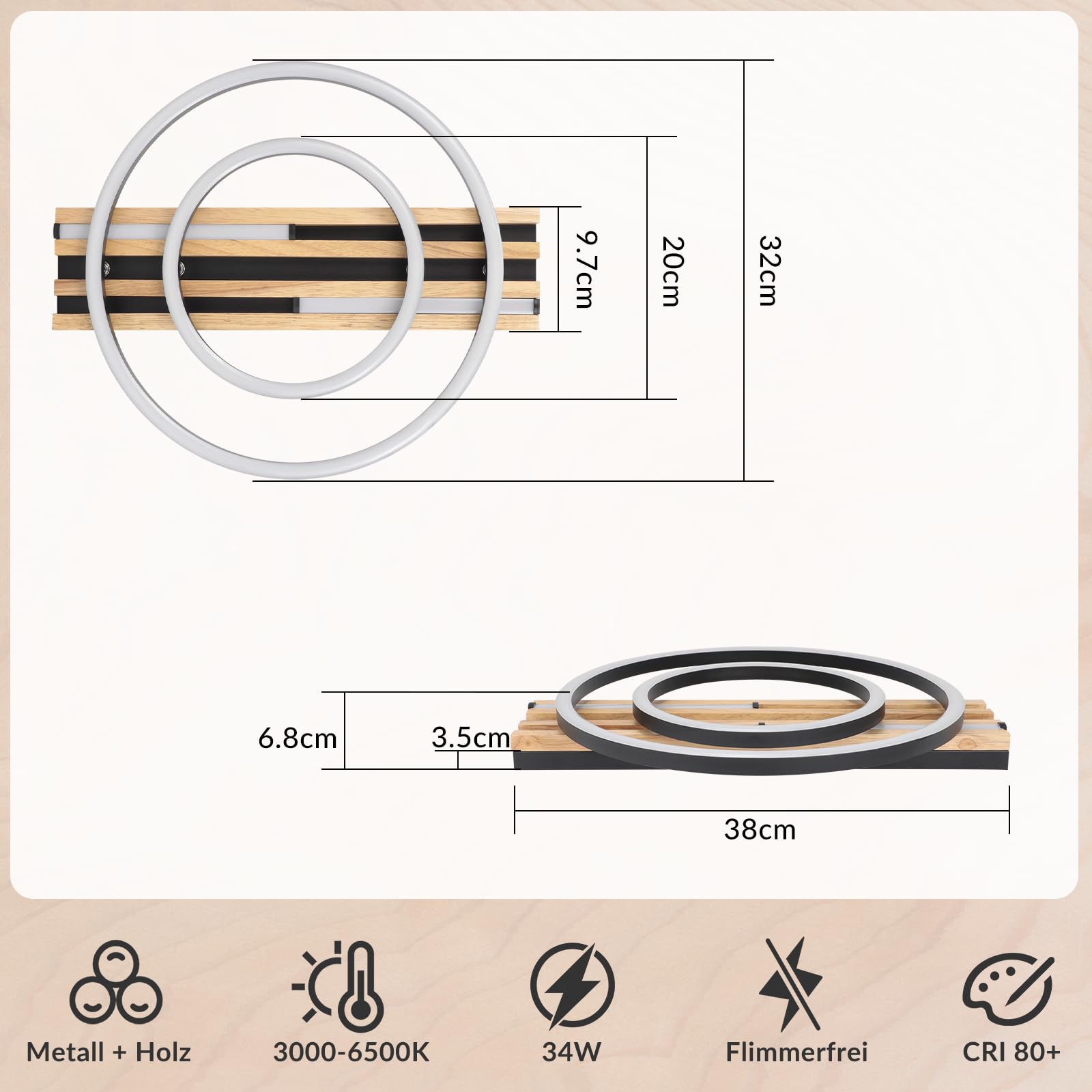 GBLY LED Deckenlamape Holz Deckenleuchte Dimmbar 38CM Schlafzimmer Lampe | 34W Ring Modern Schwarz Metall Fernbedienung Design für Schlafzimmer Wohnzimmer Küche Esszimmer Büro Lampe Memory Funktion