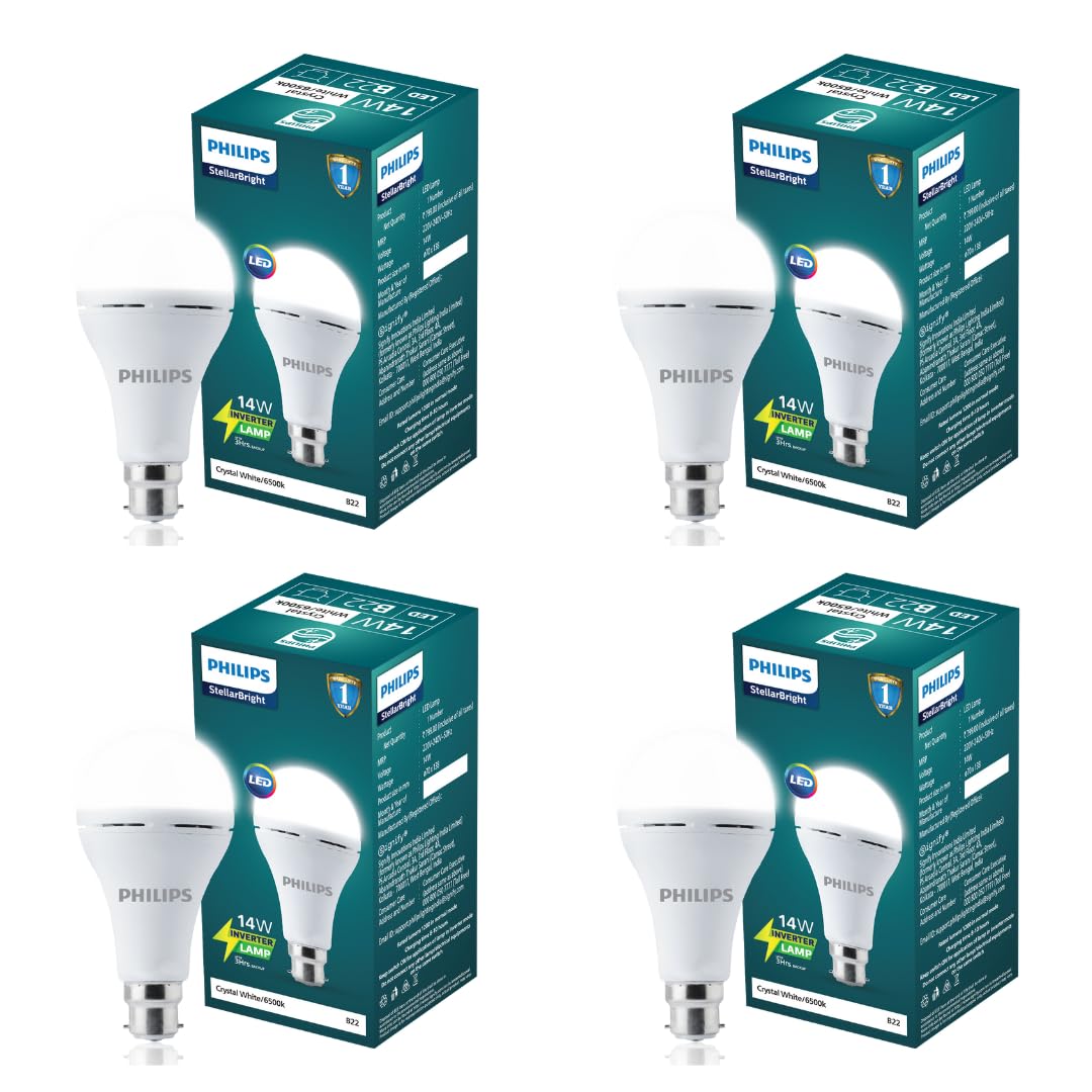 Philips 14W Emergency LED Bulb | Stellar Bright B22 Inverter LED Bulb for Power Cuts | Crystal White, Pack of 4