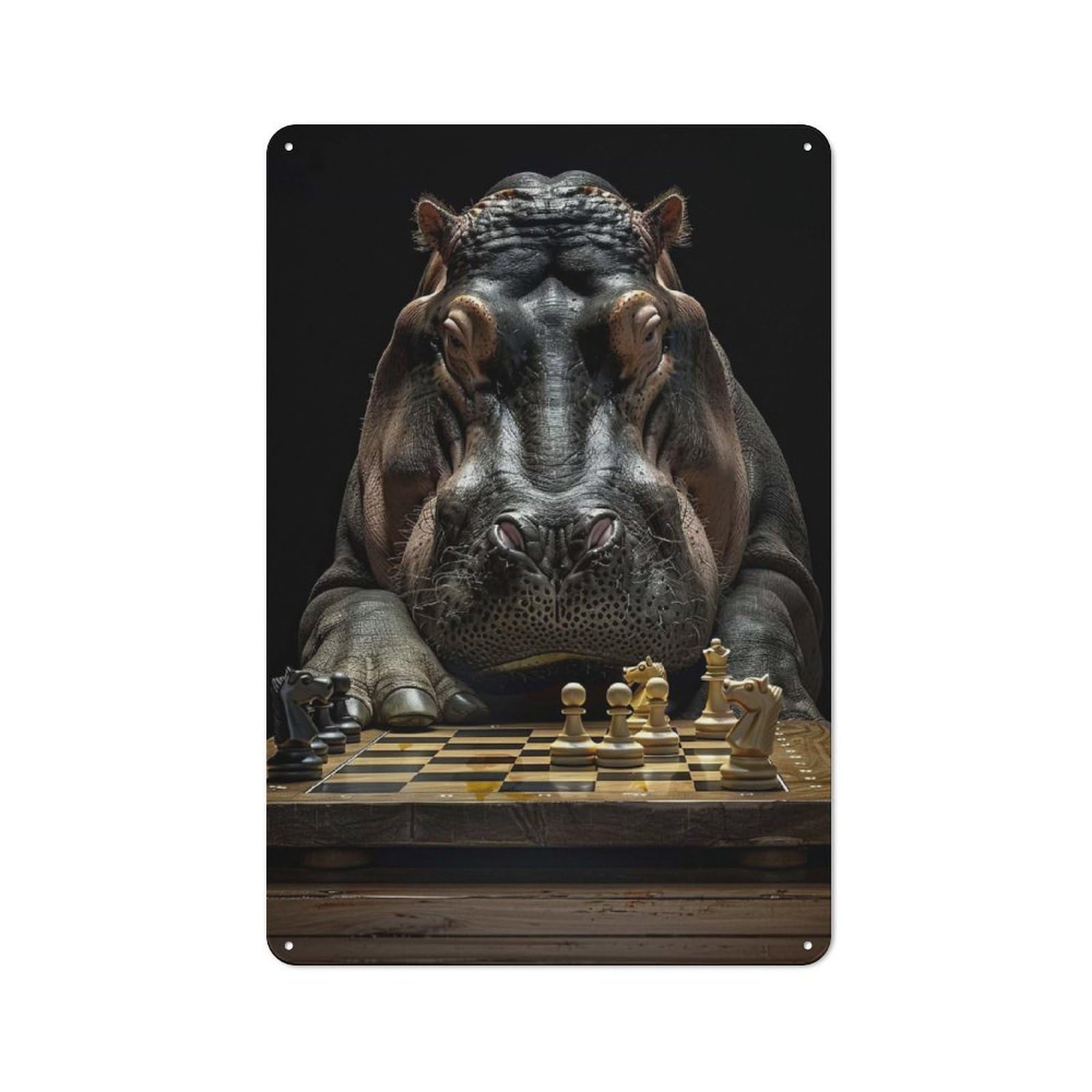 Hippopotamus Chess Rustic Metal Wall Decor 30x20cm, Metal Wall Sign for Pub, Home Bar, Shed Or Man Cave