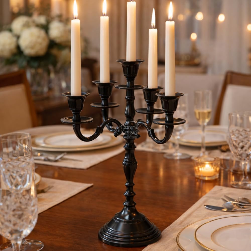 5 Arm Black Metal Candelabra Candle Stand | 12 Inch Tall Decorative Candlestick Holder for Dining Table, Living Room, Wedding & Home Decor (Black)-image-38