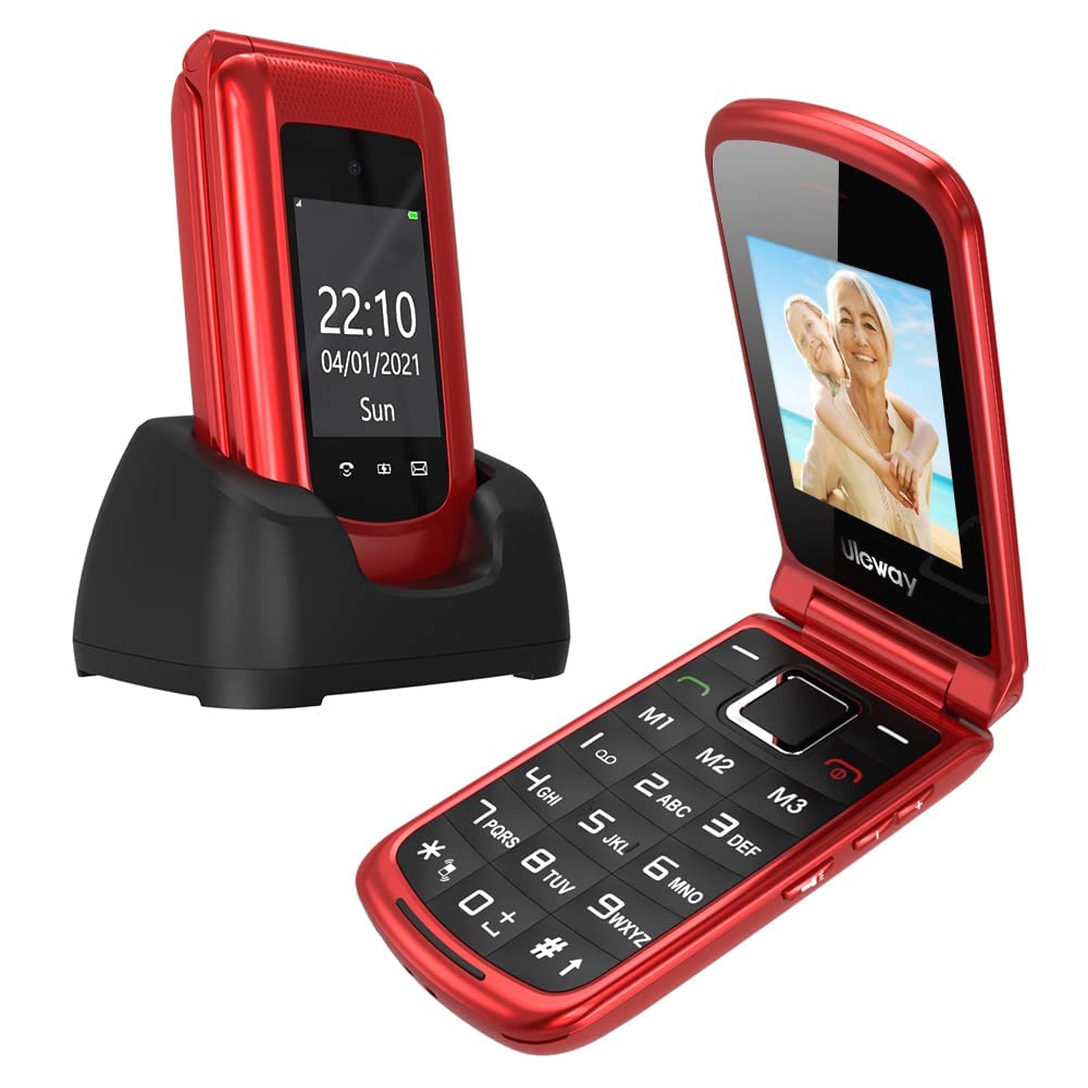 CHAKEYAKE Telefono Cellulare per Anziani, Flip Cellulare con Tasti Grandi, SOS, Display 2.4" +1.77", Chiamata Rapida, Radio FM, Torcia, Base di Ricarica, 1000mAh Batteria