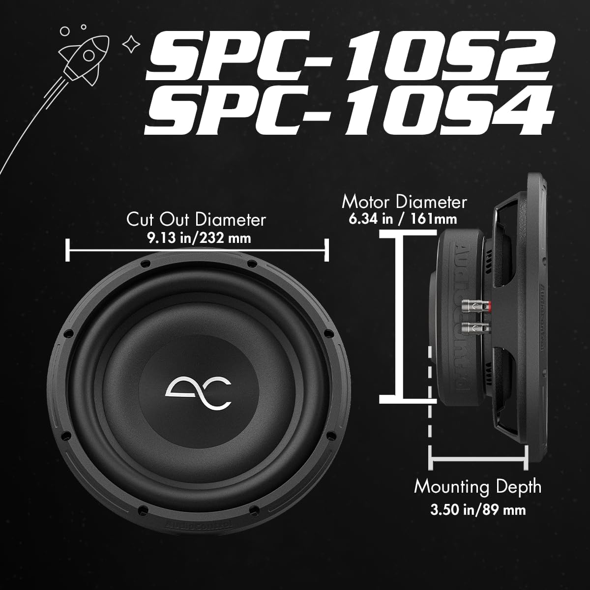 AudioControl Space Series 10” Shallow Mount Car Audio Subwoofer, 600W Max, Single 2 Ohm Voice Coil, Weather Resistant, Slim Low-Profile Bass Speaker, Premium High Fidelity, Removable Grille