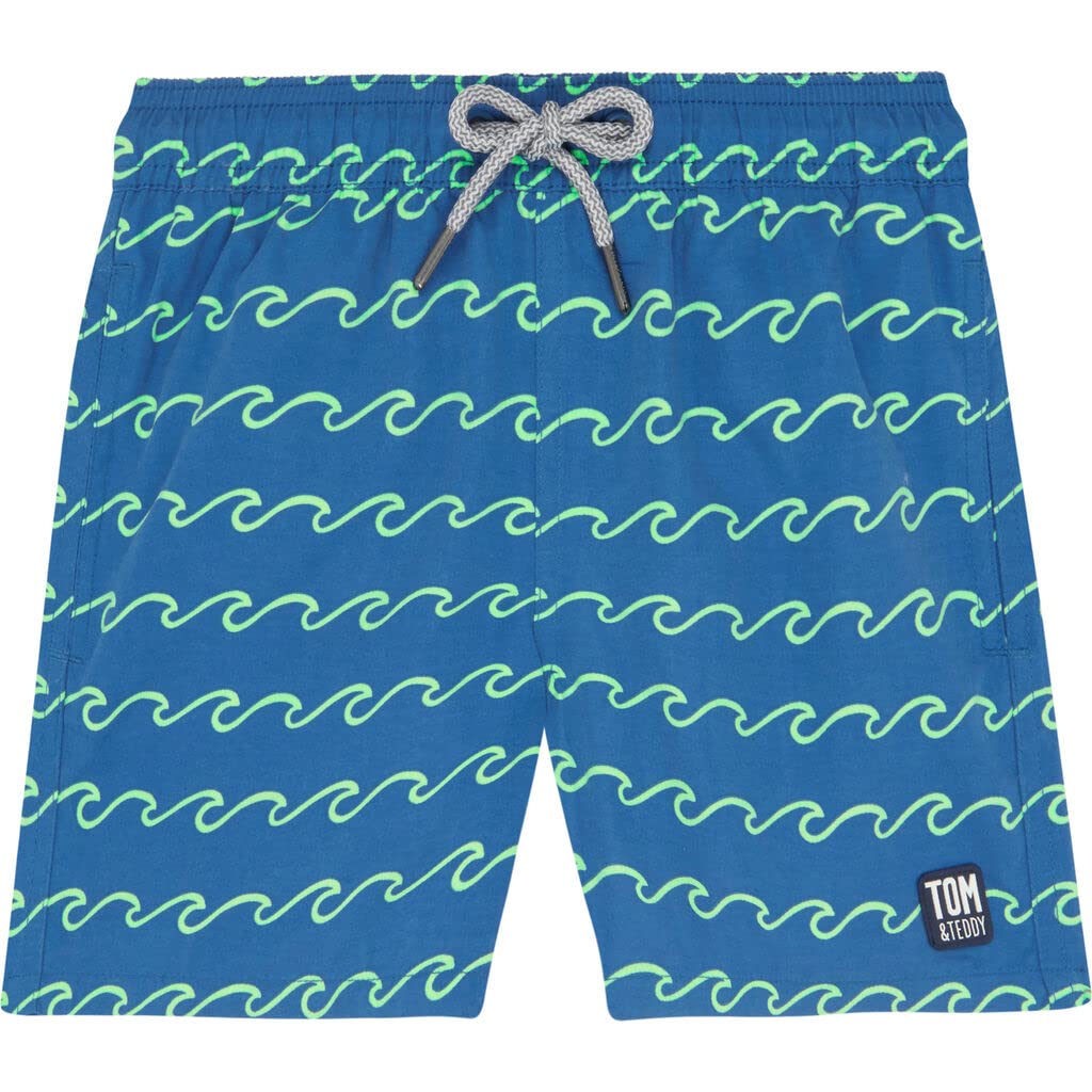 Tom & Teddy Seafoam Waves Bañador Corto, Azul, 9-10 Años para Hombre y niño