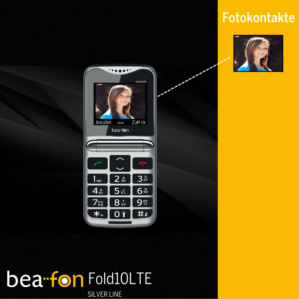 Beafon, Fold10 LTE, telefon z klapką, przycisk połączenia alarmowego SOS, kolorowy wyświetlacz wewnętrzny XL 2,2 (5,58 cm), kolorowy wyświetlacz zewnętrzny XL 1,44" (3,65 cm), wyświetlacz fotokontaktu
