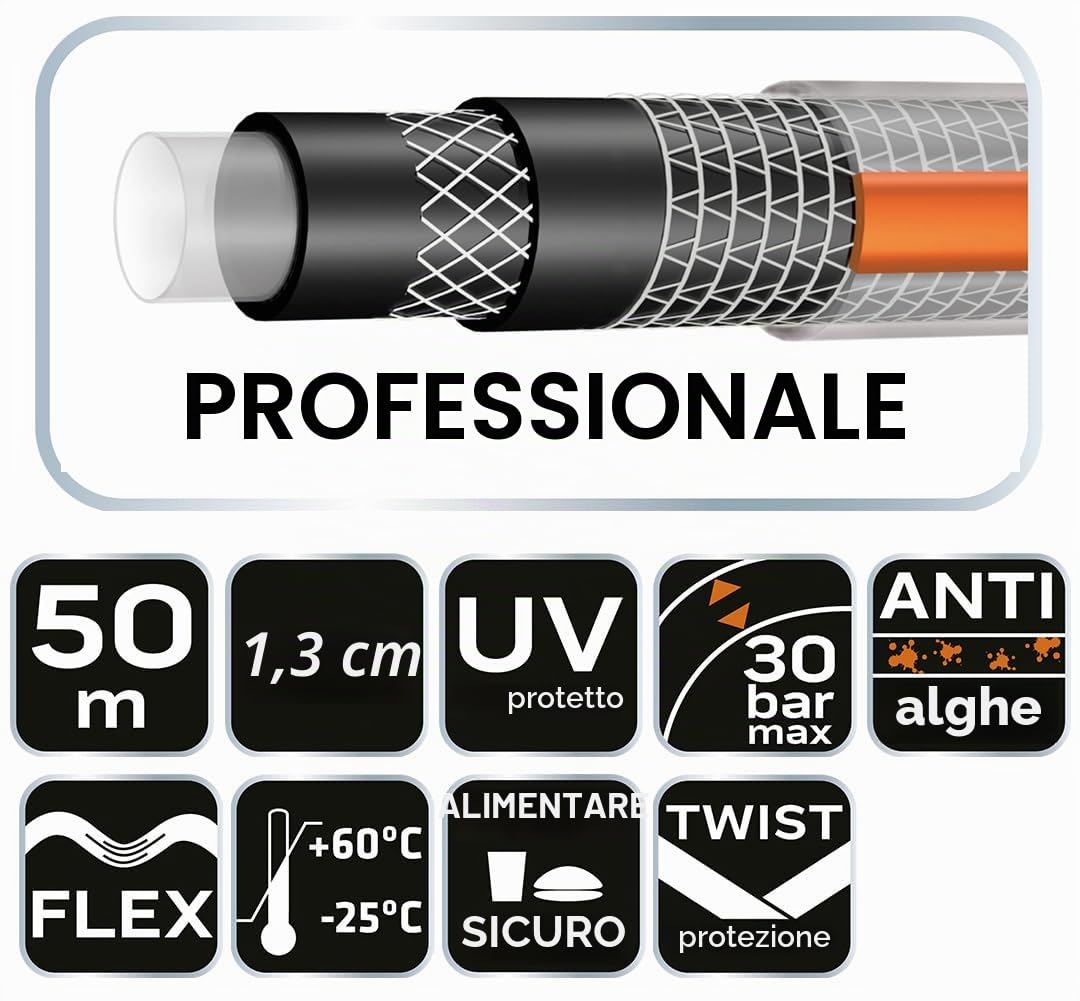 NEO TOOLS Tubo da giardino Professional a 6 strati, 1/2 "o 3/4" | PVC, rinforzato con croce in poliestere e tessuto tricot | Food Safe: adatto per acqua potabile | diversi modelli