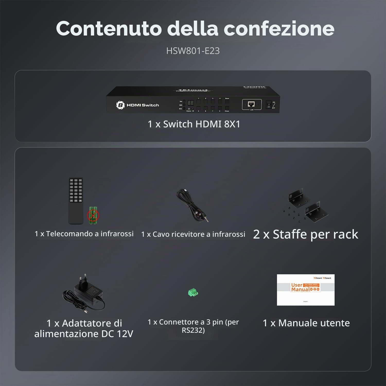 TESmart HDMI 2.0 4K@60Hz Switcher 8 Ingressi 1 Uscita, Convertitore 8x1, LAN/RS232, Pulsante/Telecomando, HDCP 2.2, Fino a 8 Dispositivi, Adatto per PC, TV, DVD, Console di Gioco, Xbox, PS4, DVR