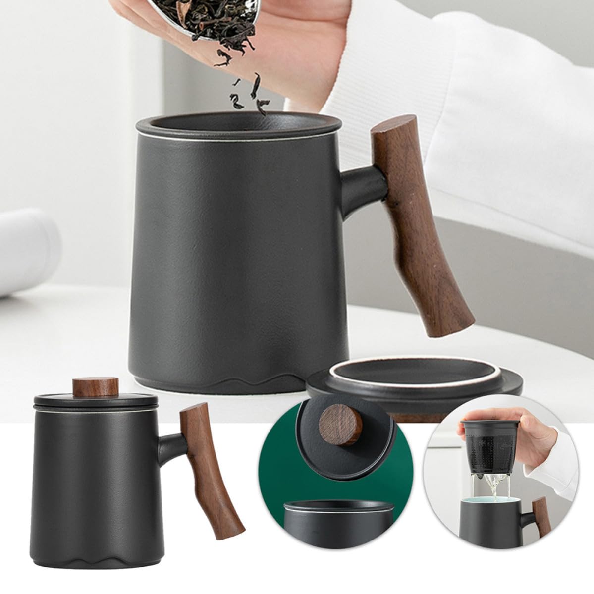 ibasenice Taza de Té con Diseño Elegante con Filtro Incorporado de Cerámica Negra y Mango de Madera de 360ml y Capacidad Grande para Diversas Ocasiones