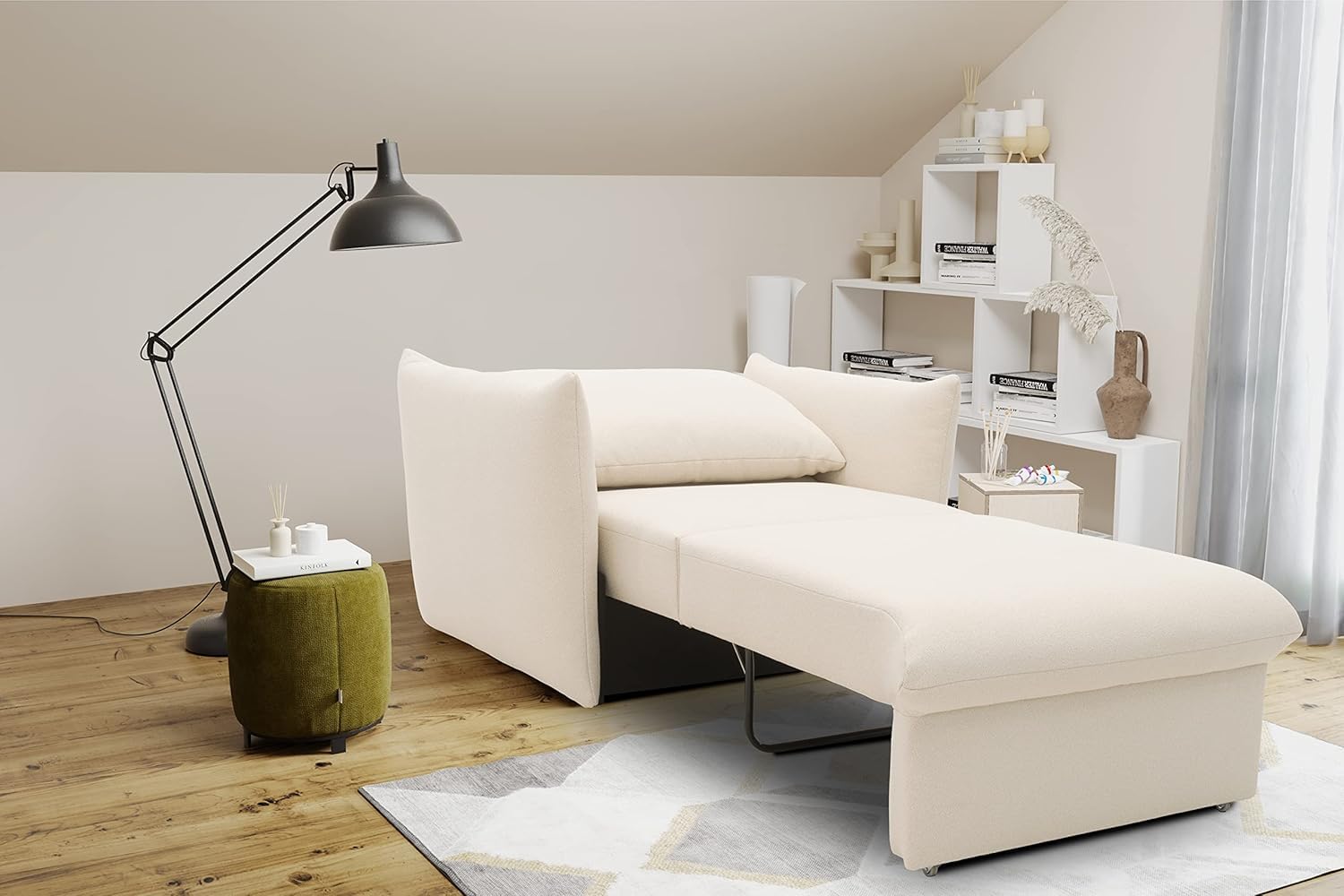 DOMO. collection Sessel Cloud Box, Armsessel mit Schlaffunktion und Boxspringfederung, Schlafsessel, Boxspringsessel, Polstersessel, 120 x 97 x 100 cm (BxTxH), Creme