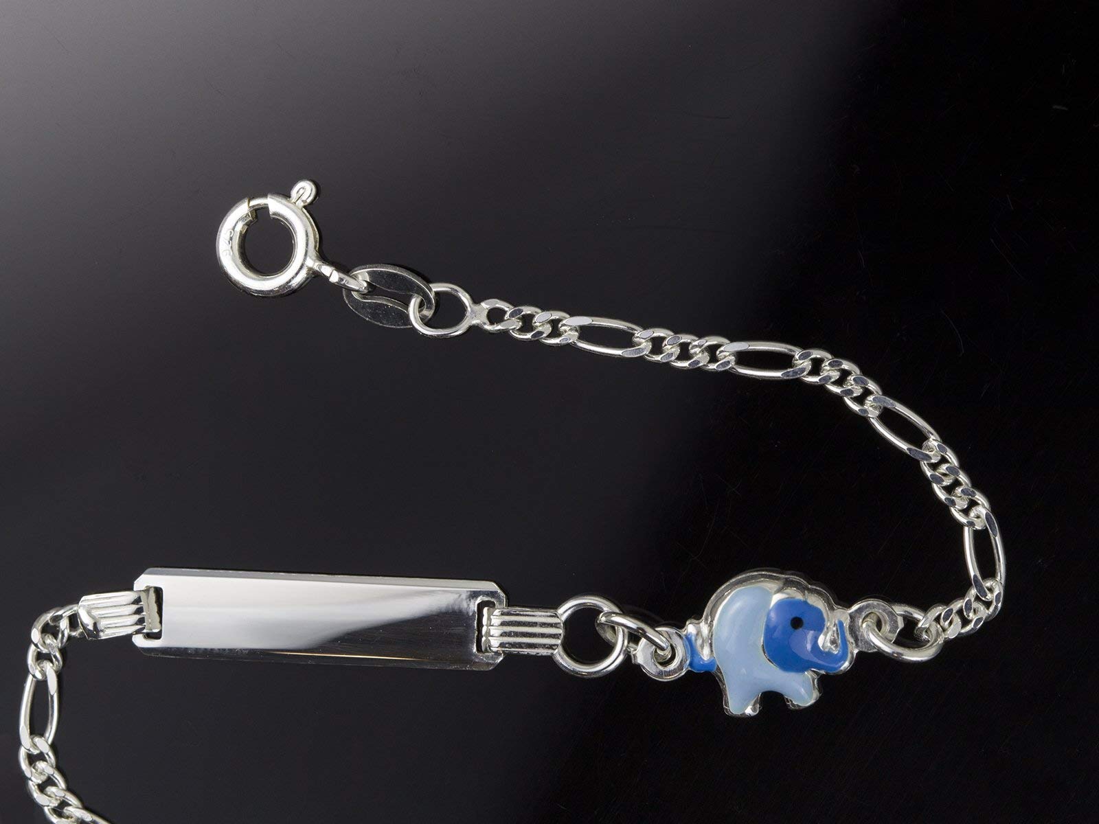 Aka Gioielli® - Bracciale Targhetta Identificativa Bambino Argento 925 con Elefante Azzurro Smaltato, Idea Regalo