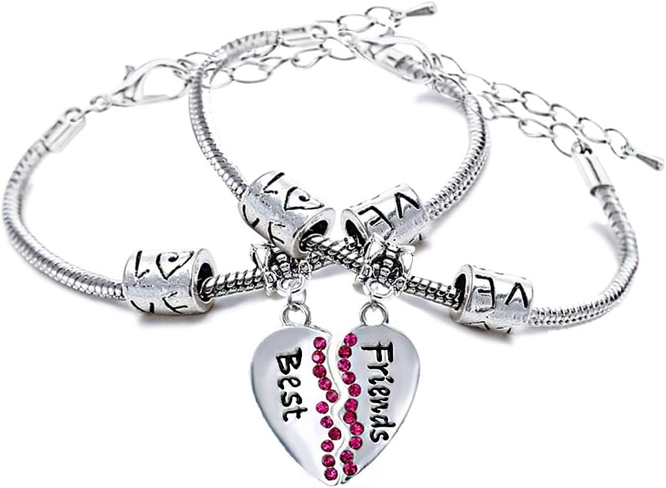 2pcs BFF Friendship Bracelets Set Long Distance Friendship Gifts Crystal Love Heart Charms Snake Chain