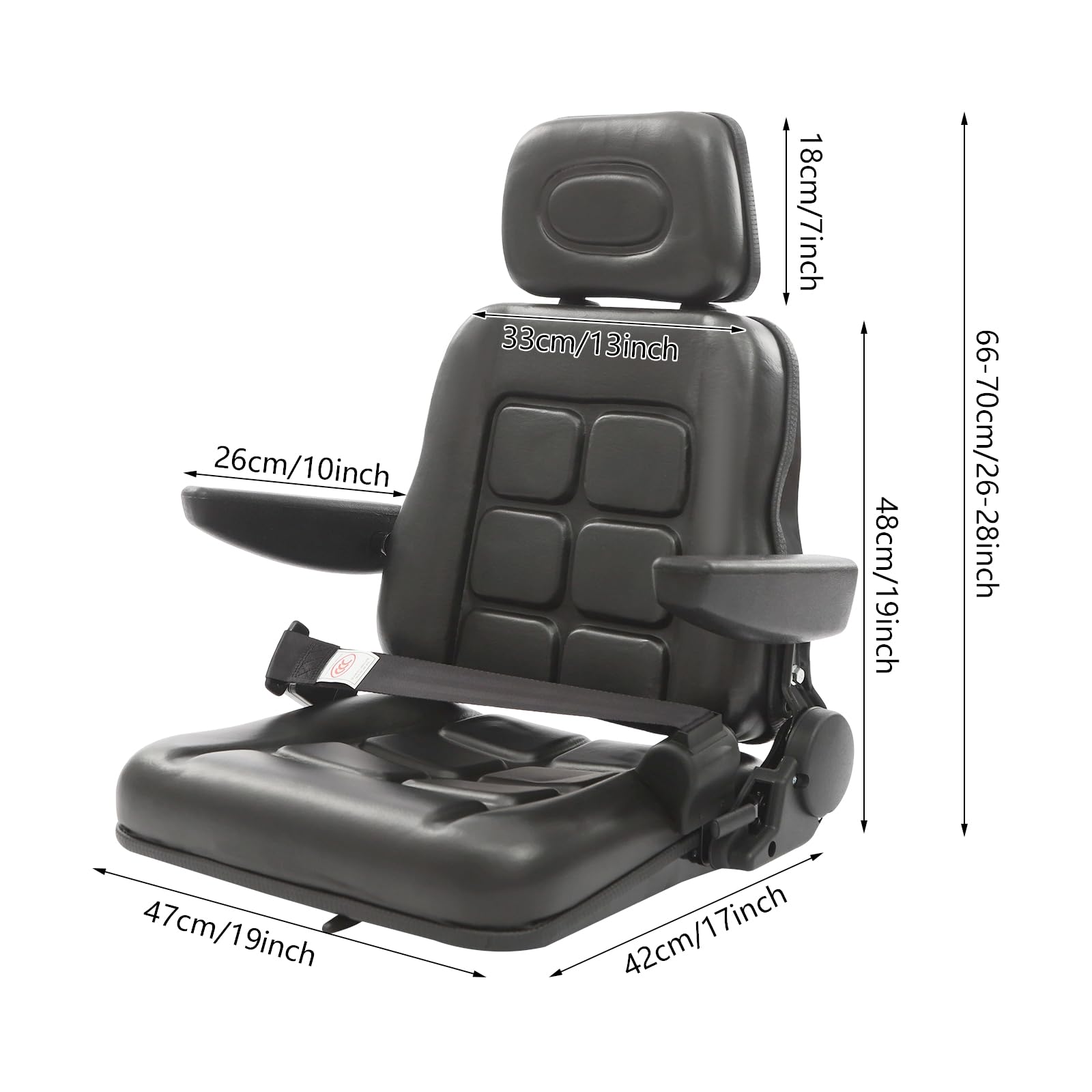 Siège de tracteur universel avec accoudoirs, appui-tête et ceinture de sécurité automatique - Siège de chariot élévateur - Noir