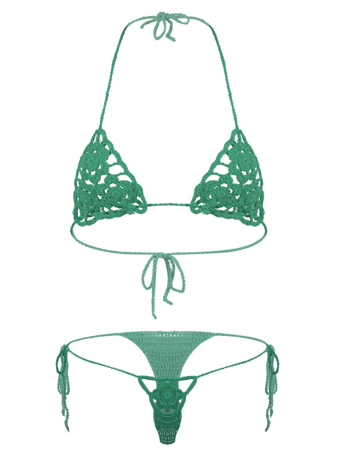 YiZYiF Womens Handmade Micro Bikini Set Crochet G Thong String Sexy Lingerie Sets Bathing Swimsuit - Green Medium