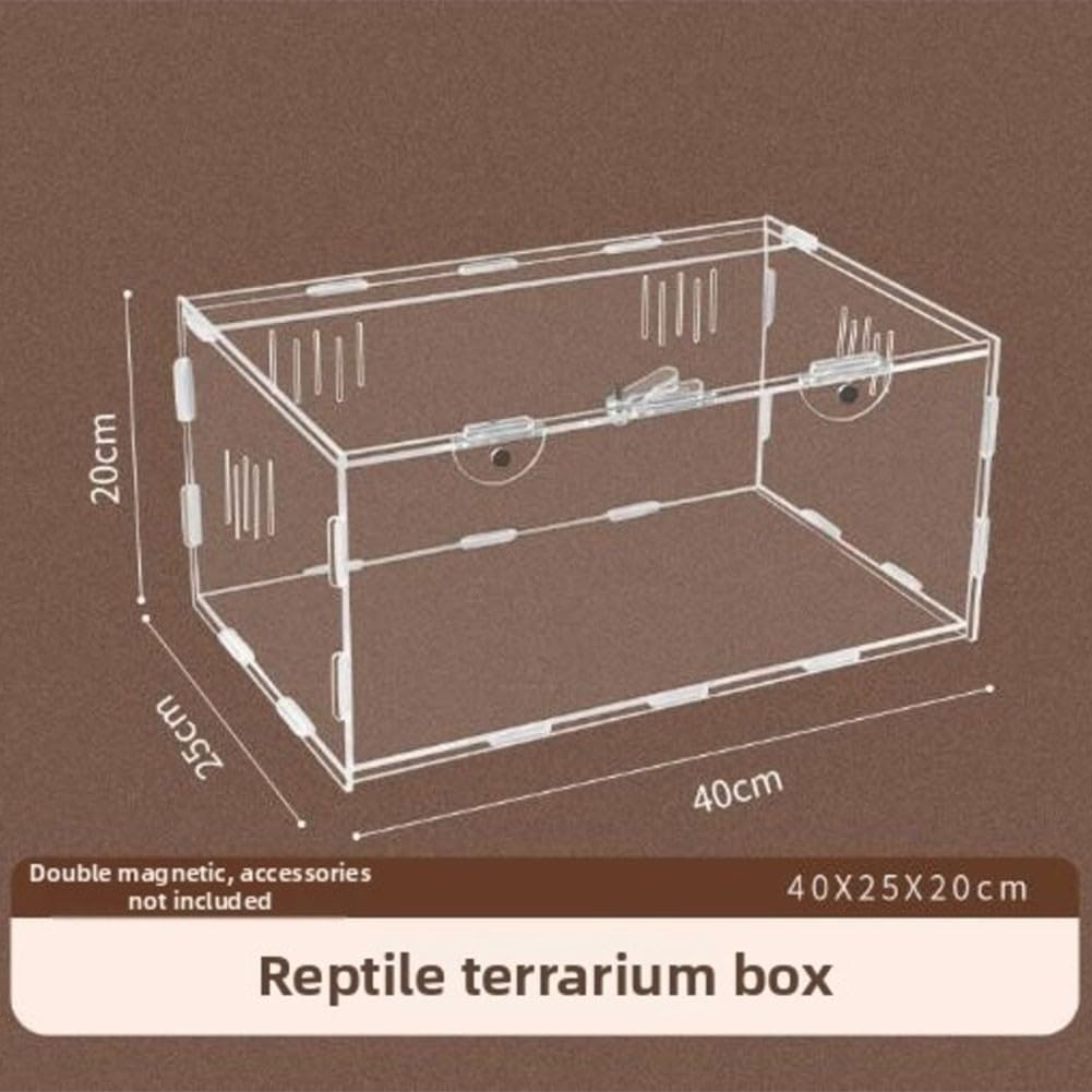 Jaula de terrario construida de acrílico con paredes transparentes, ventilación de triple lado y tapa de bloqueo para seguridad de reptiles pequeños (40 x 25 x 20 cm)